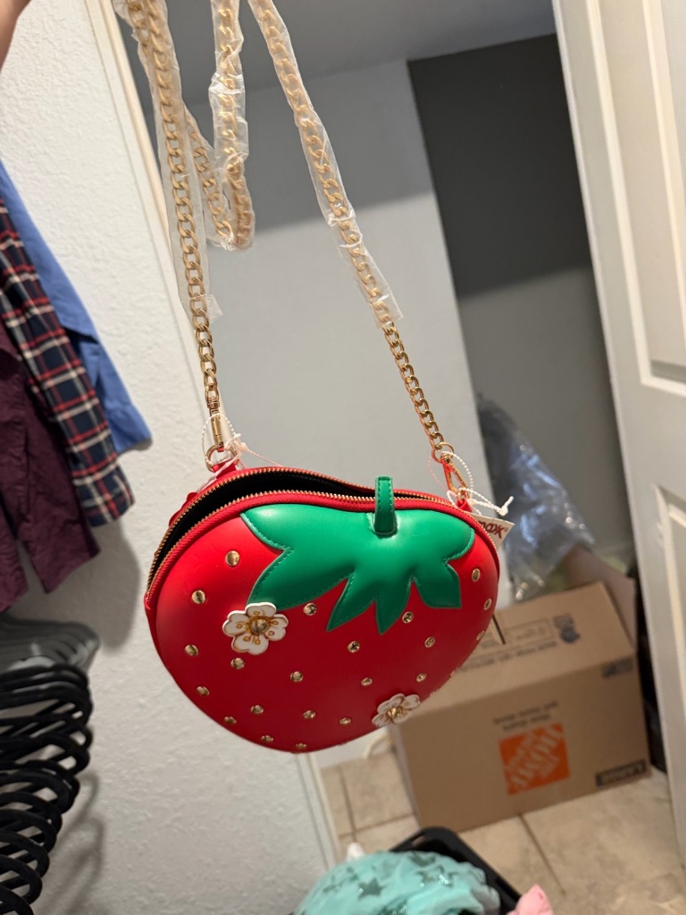 Red Strawberry Crossbody Bag with Green Leaf Accent